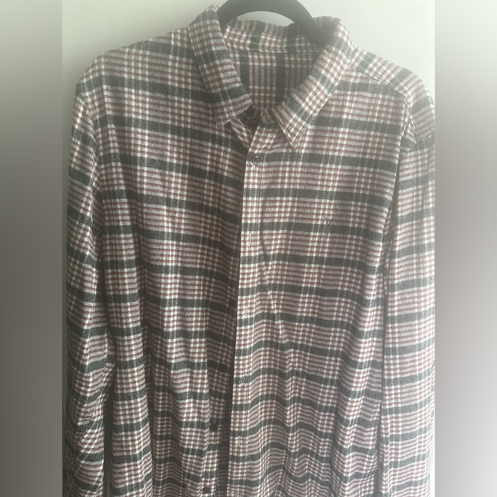 All Saints Long Sleeve Midway Check Shirt (Ecru, White and Red)